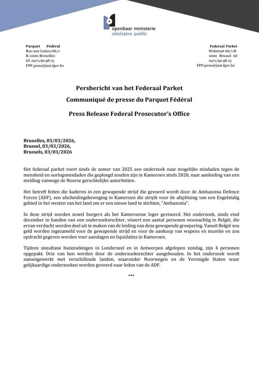 Cameroun : Coup de filet en Belgique contre des cadres présumés des Forces de défense ambazoniennes (ADF)