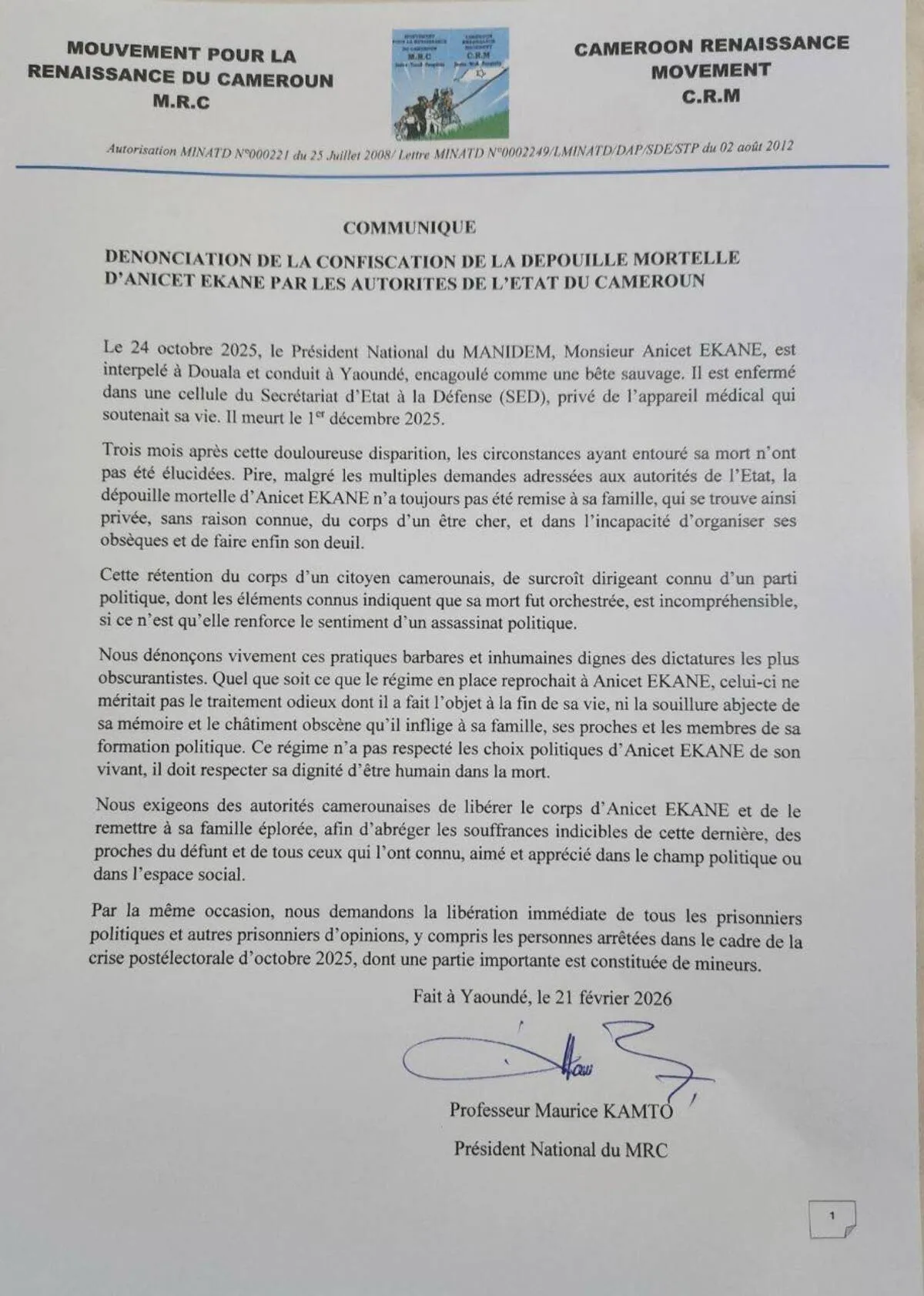 Le MRC exige la restitution du corps d'Anicet Ekane, décédé en détention