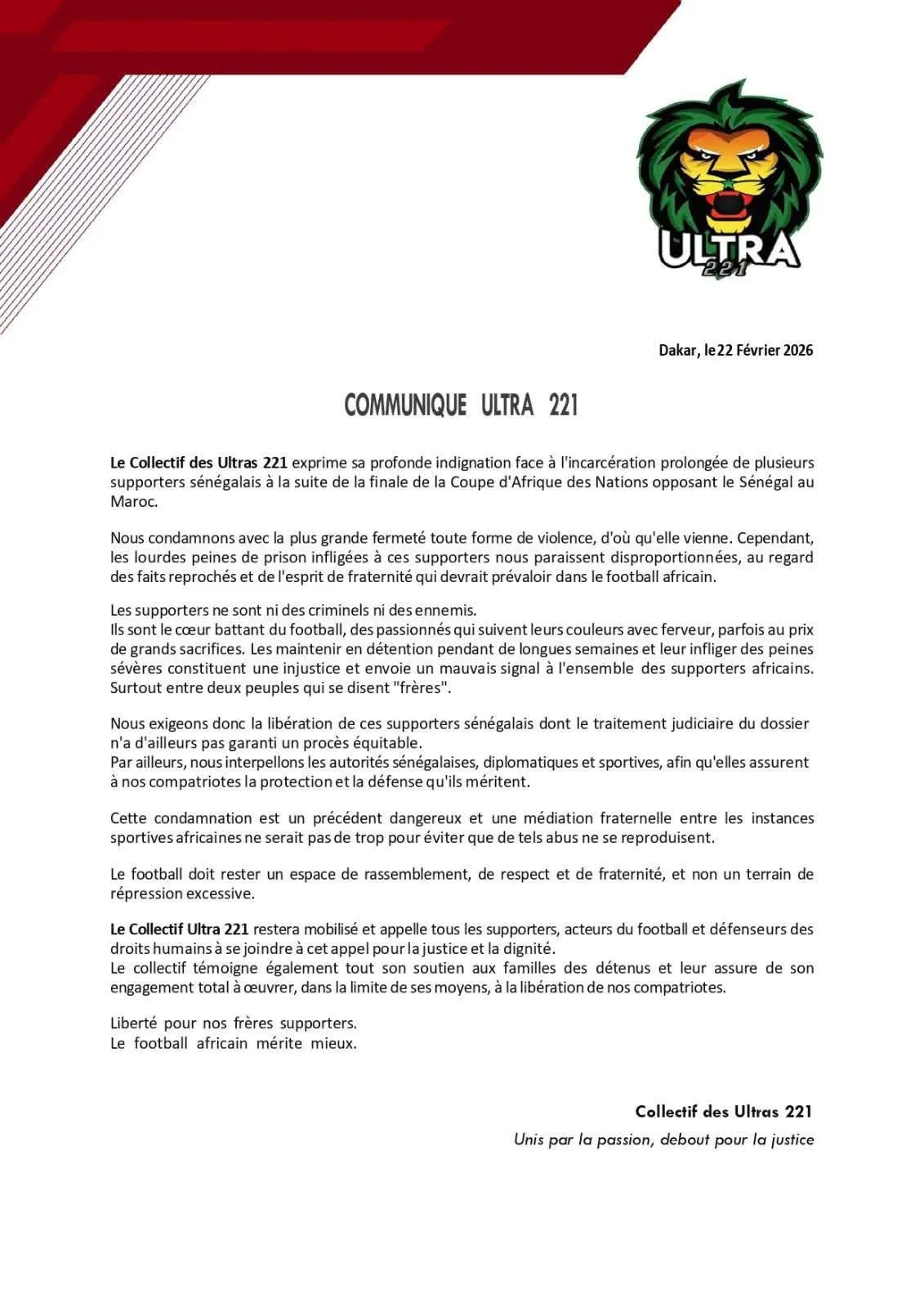 Condamnation de supporters sénégalais au Maroc : indignation et réactions du Collectif des Ultras 221 et du gouvernement
